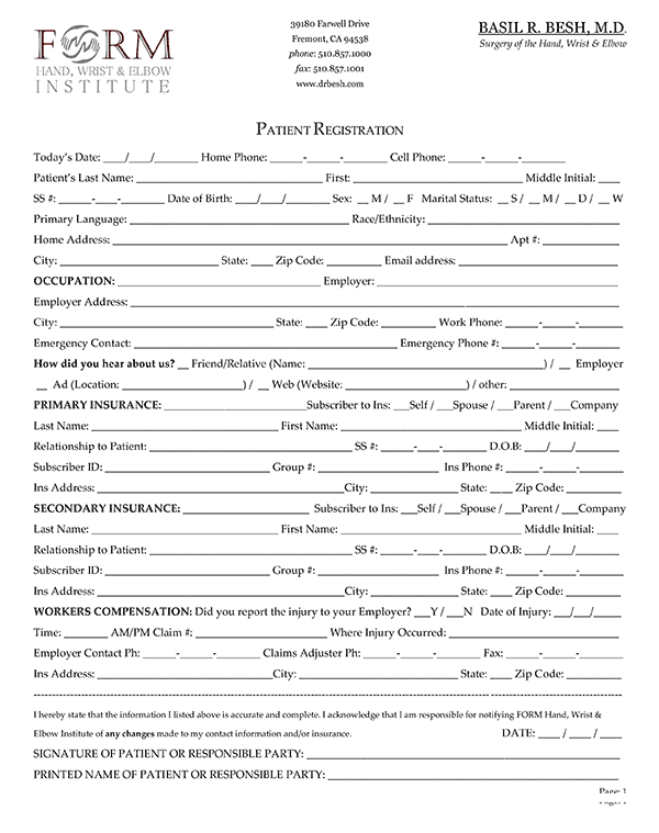 new patient form hand wrist or elbow conditions